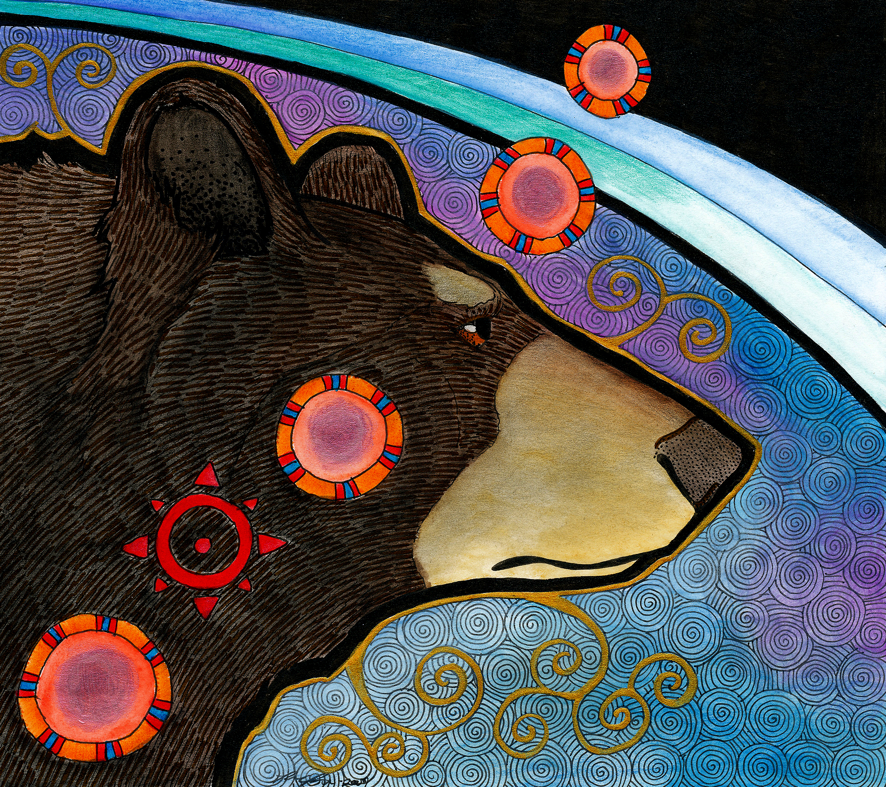 Illustration by Ravenari of an American Black Bear in profile looking right with a blue background, and red circles on a diagonal across the page.