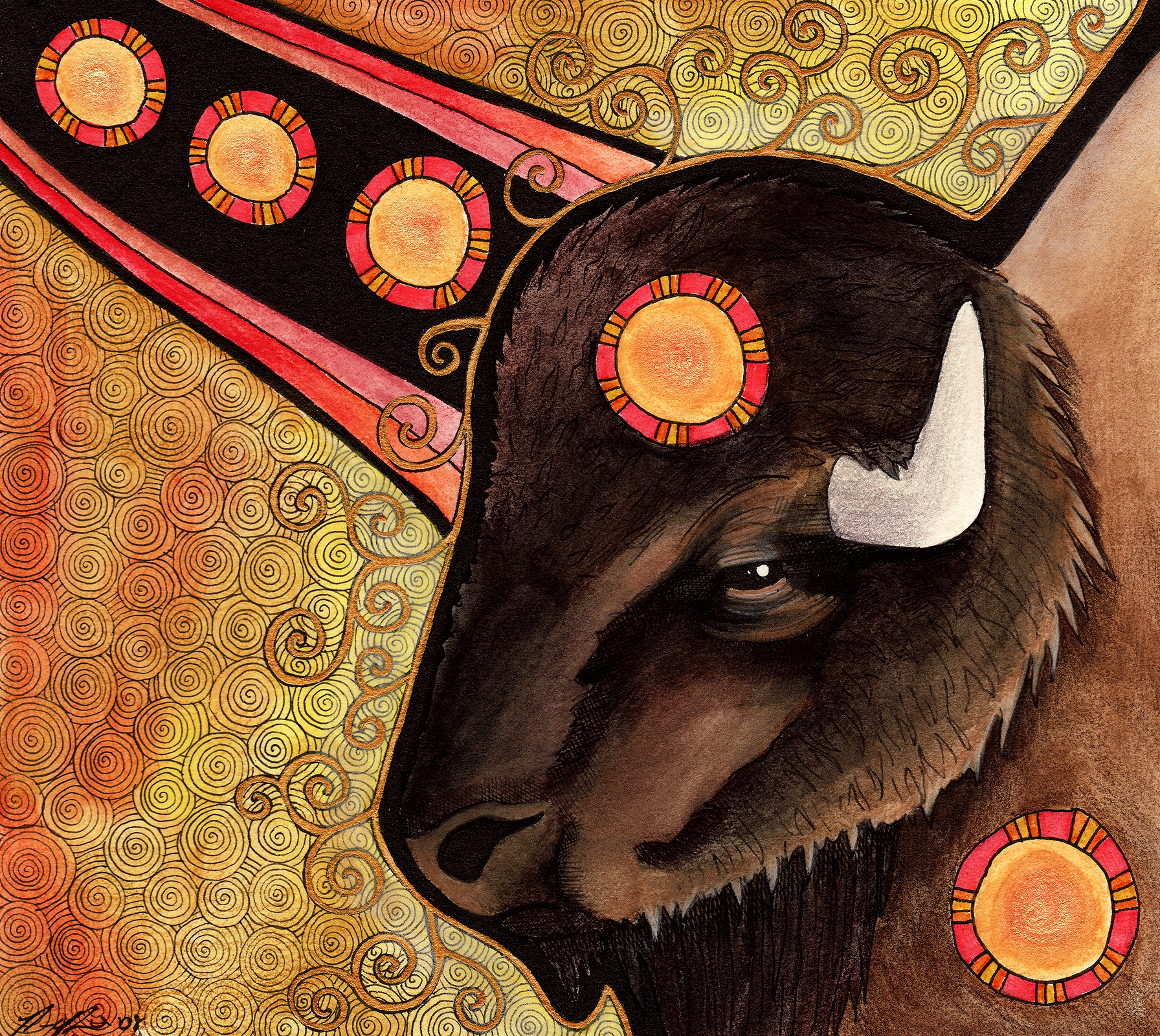 An illustration of an American Bison facing the left with horns and a serious expression, against a golden orange and yellow background.