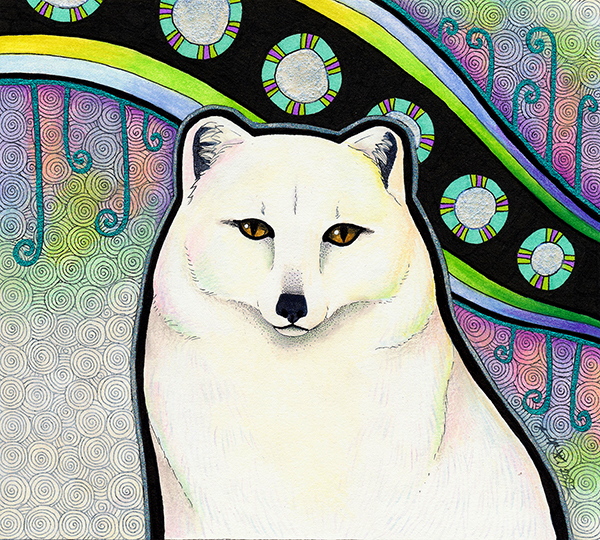 illustration of an arctic fox looking at the viewer in its white winter coat, with a pale white and pastel background behind it.