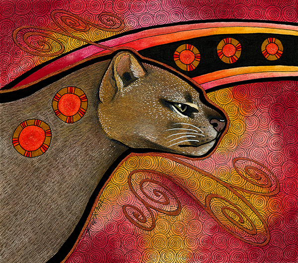 Illustration of a Jaguarundi a wild flat headed cat looking to the right in profile against a red background