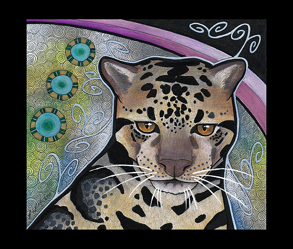 A semi-realistic illustration of a Clouded Leopard by Pia Ravenari, the leopard is facing the viewer, and is against a background of green and grey, with teal circles.