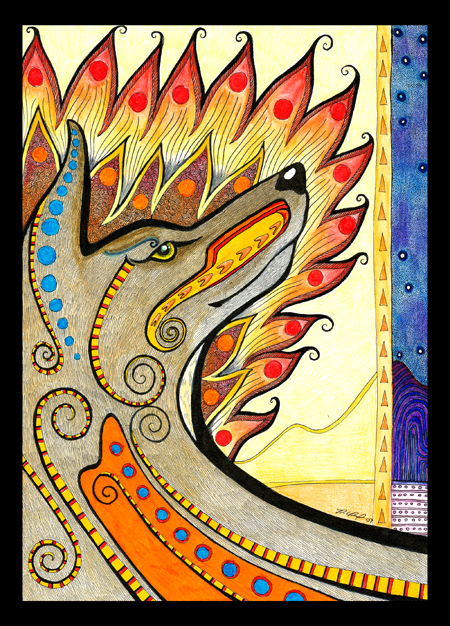 An illustrated and symbolic interpretation of a right-facing Coyote, with flames behind it, and a yellow background.